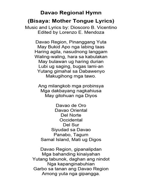 DAVAO REGIONAL HYMN WITH LYRICS .